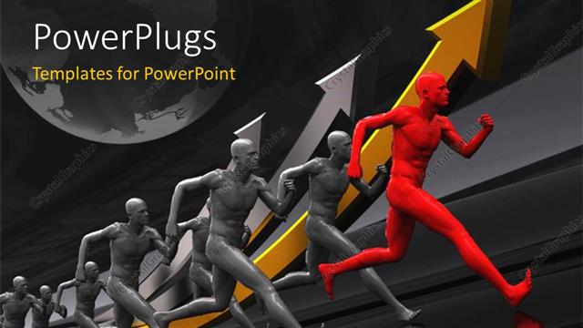  Presentation with runners - Team of runners with red colored leader and earth globe in background