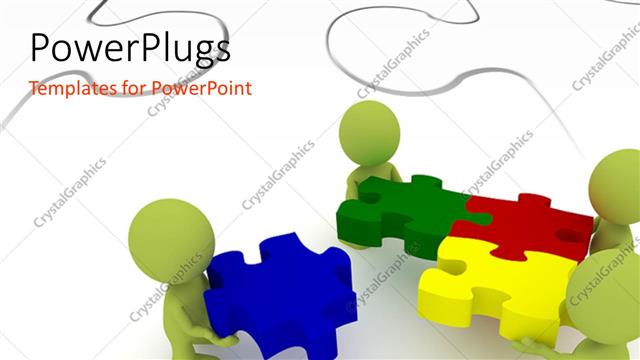  Presentation with three - Team of three human character solving puzzles with white puzzle in background