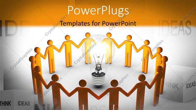  Presentation with team hands - 3D men hold hands around light bulb depicting teamwork and creative ideas