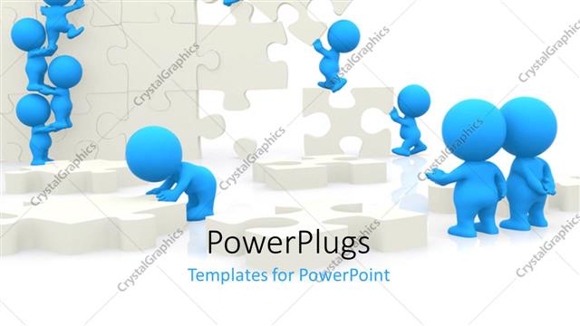 Presentation with jigsaw - Teamwork depiction with 3D men arranging pieces of jigsaw puzzle