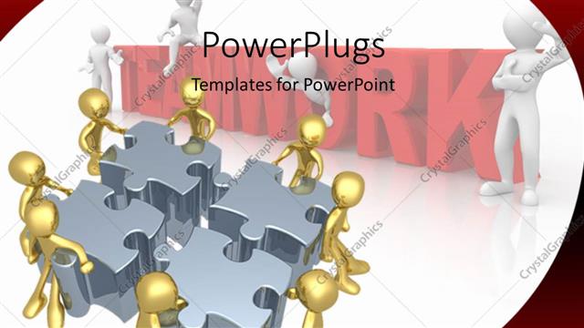  Presentation with puzzle team - Teamwork depiction with team of 3D men solving puzzle