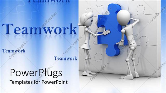  Presentation with man woman - Teamwork with man and woman putting blue piece in white puzzle