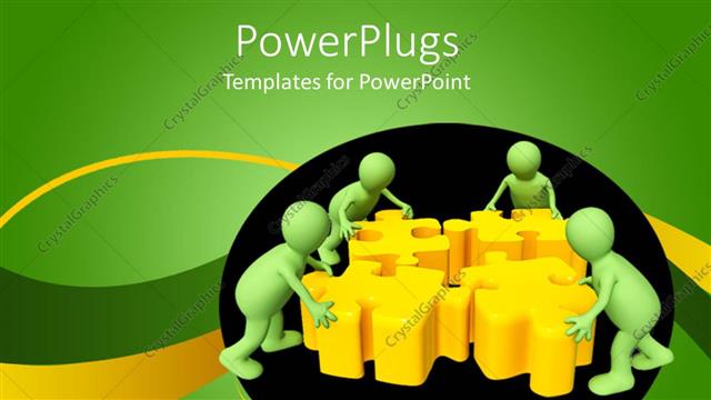  Presentation with people - Teamwork metaphor with green people assembling yellow puzzle