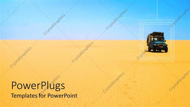  Presentation with lonely - Terrain car driving on the sand in lonely desert scenery with light blue sky in the background