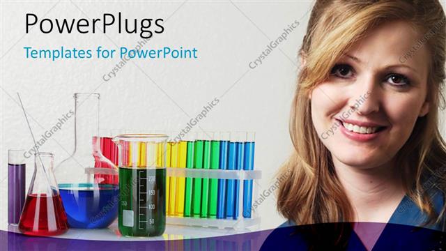  Presentation with beakers - Beautiful young lady with laboratory beakers and test tubes in background