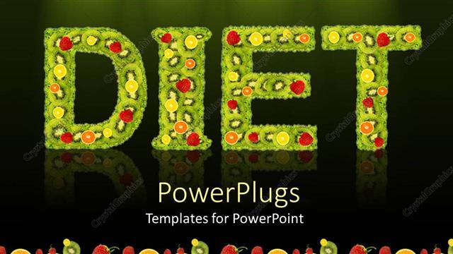  Presentation with green color - Text DIET in green color with lots of fruits