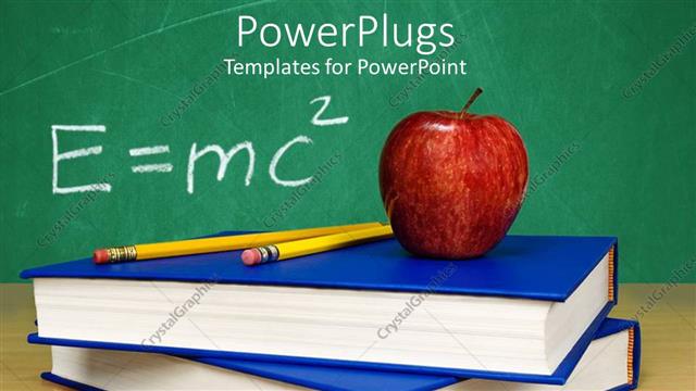  Presentation with books - Theory of relativity apple on top of stacked books and two pencils