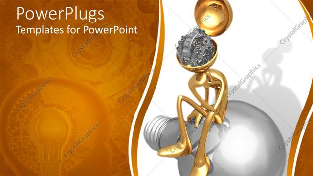  Presentation with gold silver - Thoughtful gold figure with open head showing turning gears sits on silver lightbulb
