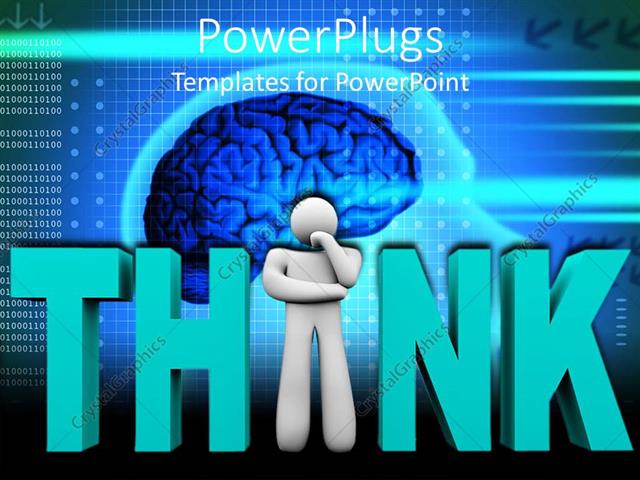  Presentation with brain - Thoughtful white figure replaces I in Think in front of blue brain