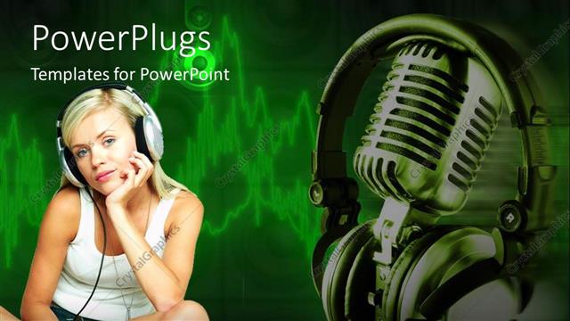  Presentation with music headphones - Thoughtful woman wearing headphones next to chrome microphone