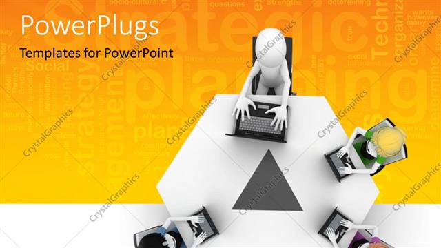  Presentation with conference - Three 3D men with laptops over conference table