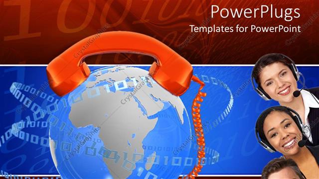  Presentation with heads - Three adult heads sticking out with an earth and telephone