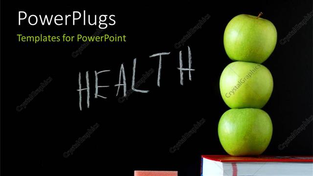  Presentation with book - Three apples on book stack with HEALTH written on blackboard