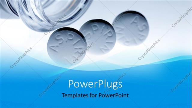  Presentation with medical pills - Three aspirin pills falling out of glass bottle
