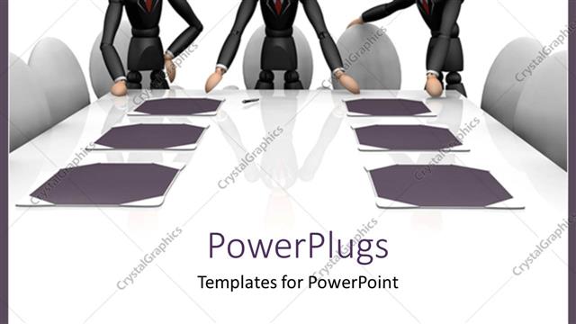  Presentation with conference table - Three business human characters standing at the end of a conference table