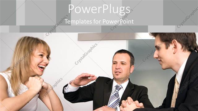  Presentation with discussion - Three business people sitting together and happily having a discussion