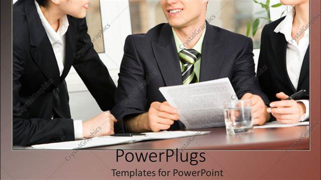  Presentation with meeting - Three business people smiling and happily having a meeting