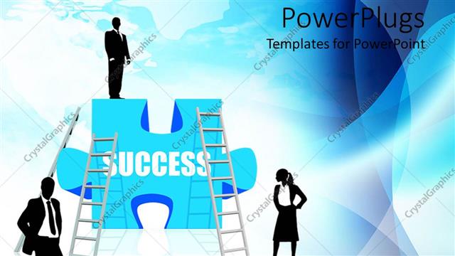  Presentation with success business - Three business people standing around a puzzle piece with a text that spells out the word 