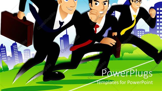  Presentation with business finish line - Three cartoon businessmen running over the finish line with city view in the background