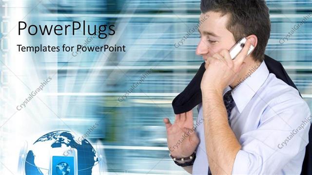  Presentation with cell - Three cell phones resting on globe as business man makes phone call