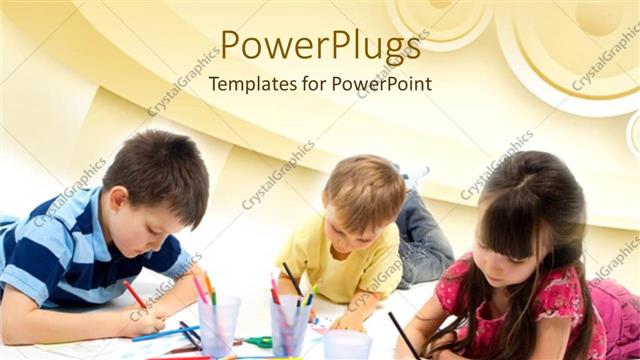  Presentation with art - Three children drawing with colored pencils, arts and crafts, school, art education