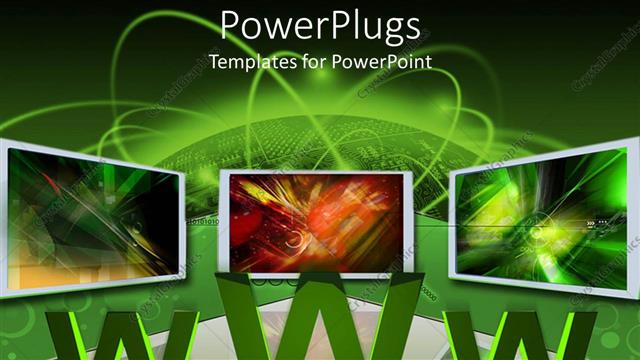  Presentation with www - Three computer monitors atop WWW and reflective surface with green background