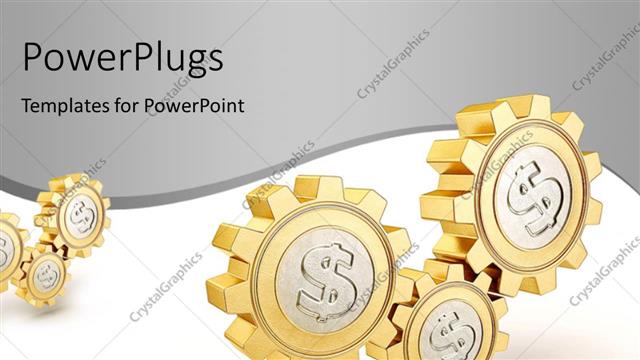 Presentation with gears gold - Three connected gold gears with dollar sign on white and grey background