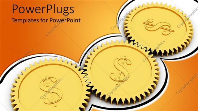  Presentation with golden dollar sign - Three connected golden gears with dollar sign on white background