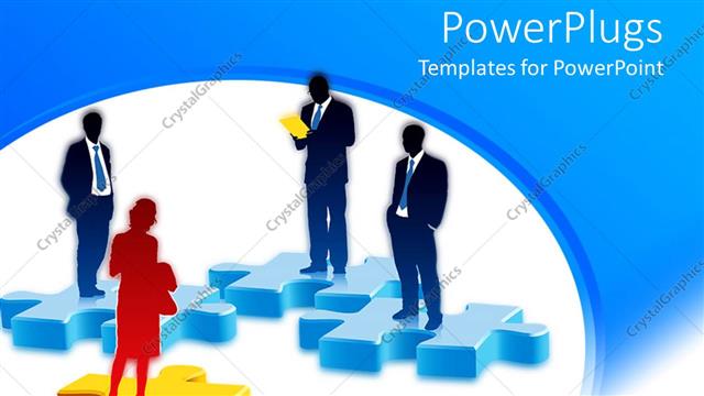  Presentation with three - Three corporate men and a lady standing on jigsaw puzzle