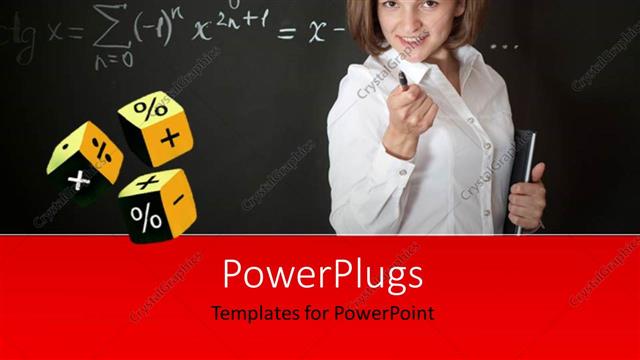  Presentation with three - Three cubes with arithmetic operations and teacher over chalkboard