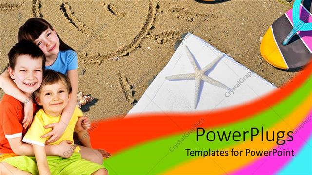  Presentation with cute - Three cute happy kids smiling happily on a beach