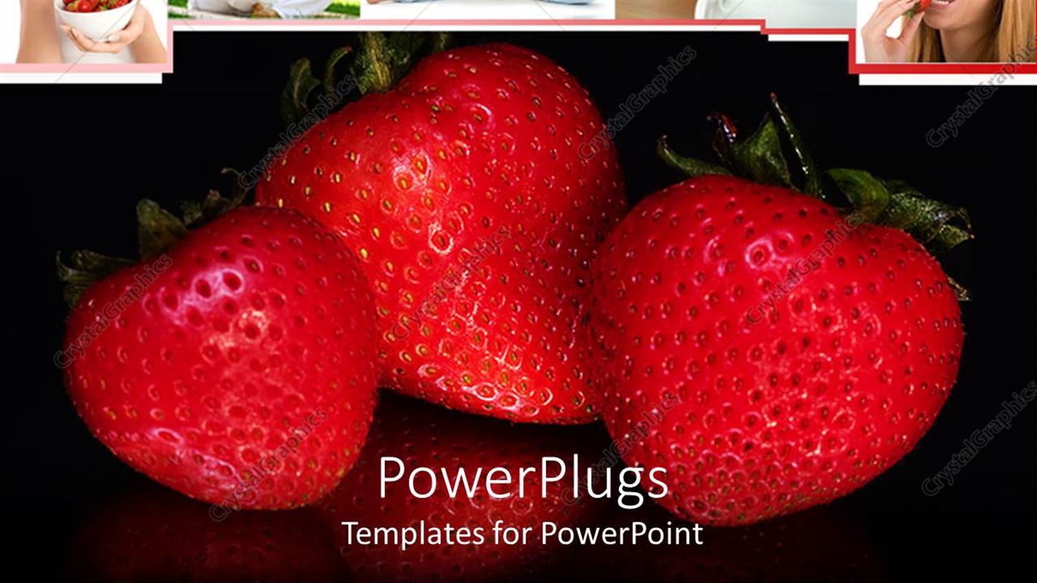 Featuring Three Cute Strawberries Arranged on Black Background with Collage of Woman Eating