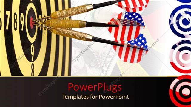  Presentation with hit target - Three darts with American flag flights hit center of dartboard