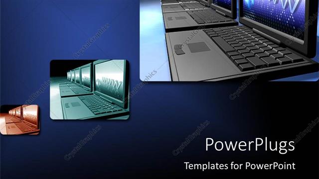  Presentation with network - Three depictions of laptops arranged in a network line