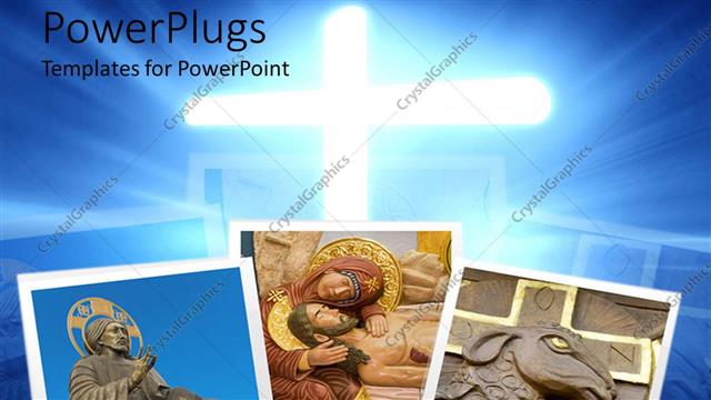  Presentation with glowing cross - Three depictions of religious items and statues over glowing cross on blue background