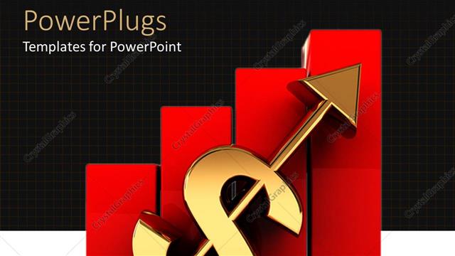  Presentation with gold dollar sign - Three dimensional gold dollar sign with arrow leaning on red bar chart
