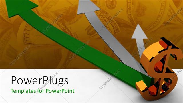  Presentation with gold dollar sign - Three dimensional gold dollar sign with arrows pointing toward background of hundred dollar bills