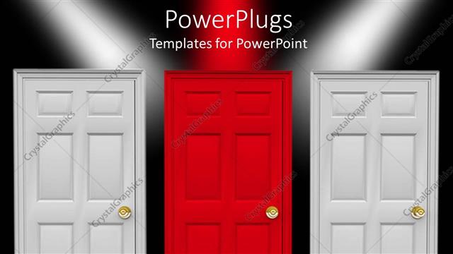  Presentation with opportunity doors - Three doors, two white doors and a red doors in the center, over black background