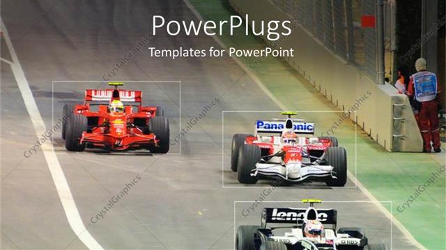  Presentation with cars - Three fast race cars speeding down a race ground