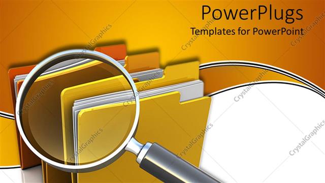  Presentation with search - Three folders with documents and a large magnifying glass on folders on yellow and white background