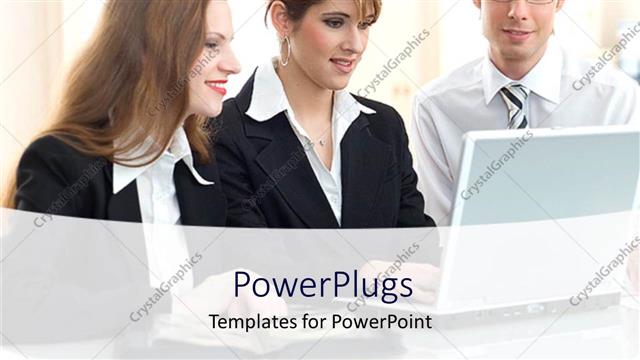  Presentation with look - Three formal dressed persons look to a laptop screen