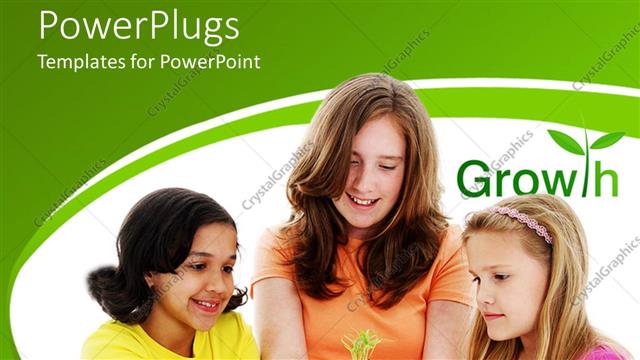  Presentation with save - Three girls holding growing plant in dirt in their hands with growth green word and green plant instead of t letter