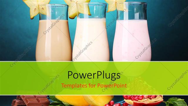  Presentation with fruits - Three glasses of milk shake with fruits on blue background