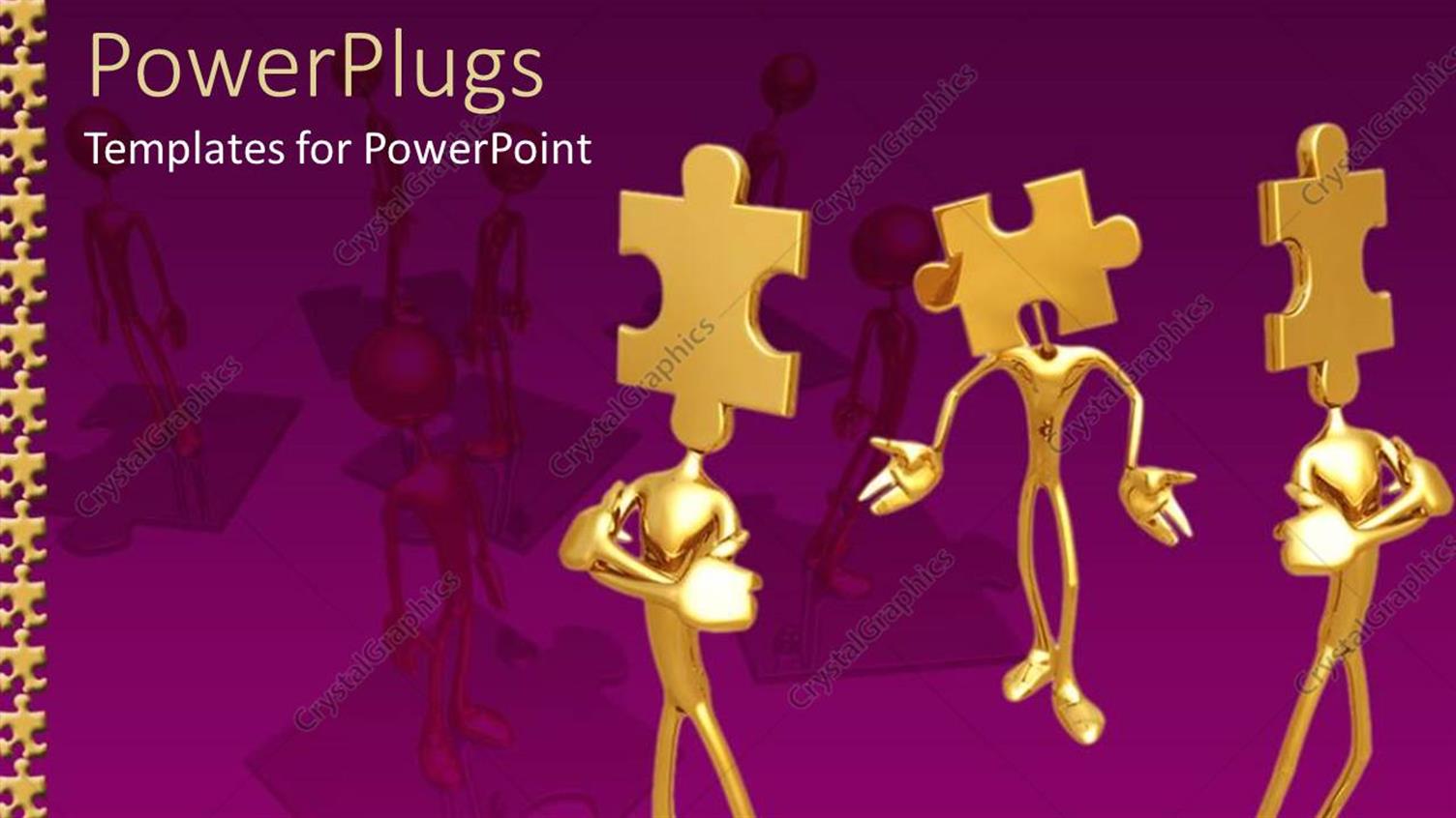 Featuring Three Gold  colored Characters with Puzzle Heads on a Purple Background 