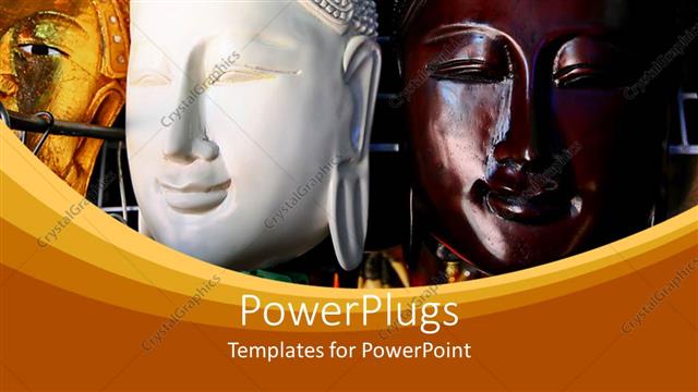  Presentation with face masks - Three gold, white and brown colored face masks of Buddha