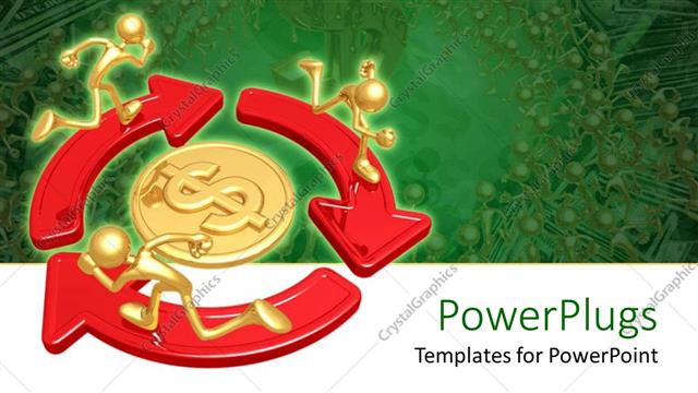  Presentation with golden dollar sign - Three golden characters running on arrows around a dollar sign