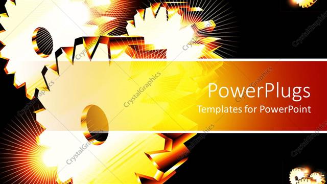  Presentation with gears - Three golden gears with spark of light glowing on black background