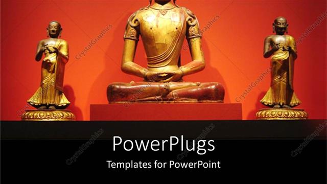  Presentation with religion - Three golden statues of Buddha over an orange background