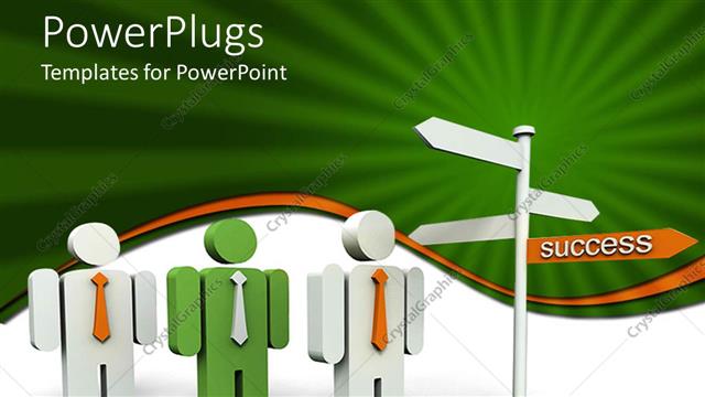  Presentation with success business - Three green and white 3D human characters beside a white signpost