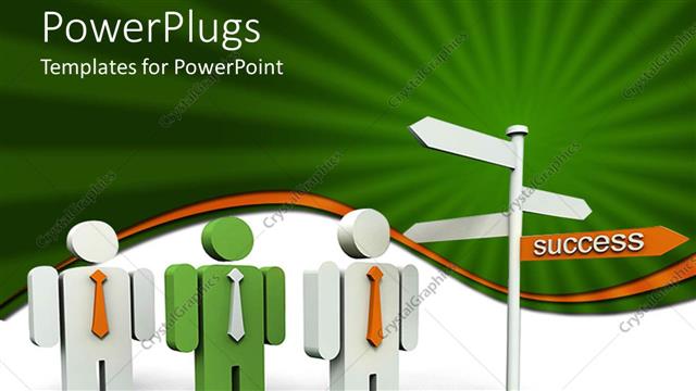  Presentation with success business - Three green and white human characters standing in front of a signpost